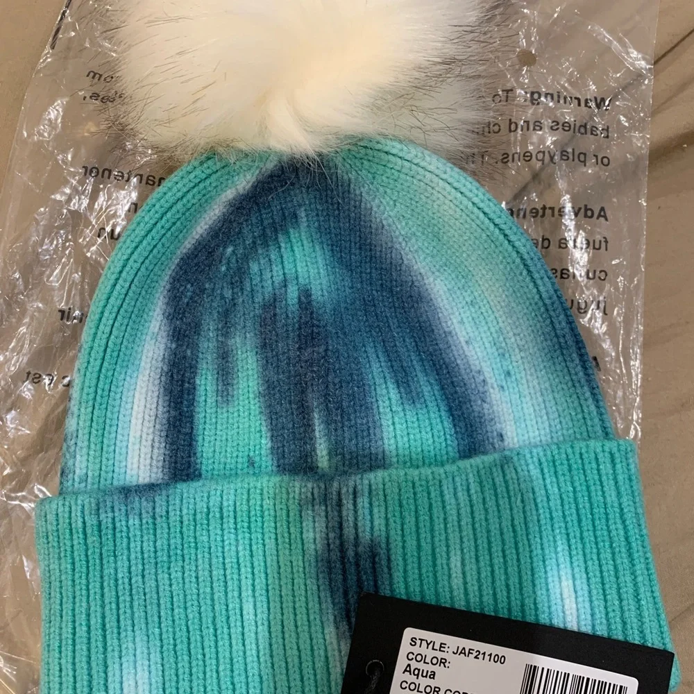 jocelyn Aqua Tie-Dye Beanie with White Pom